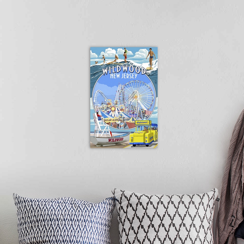 A bohemian room featuring Wildwood, New Jersey - Montage: Retro Travel Poster