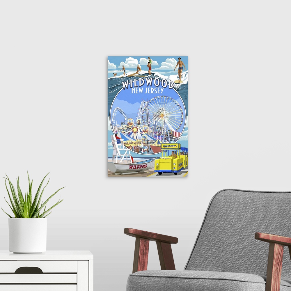 A modern room featuring Wildwood, New Jersey - Montage: Retro Travel Poster