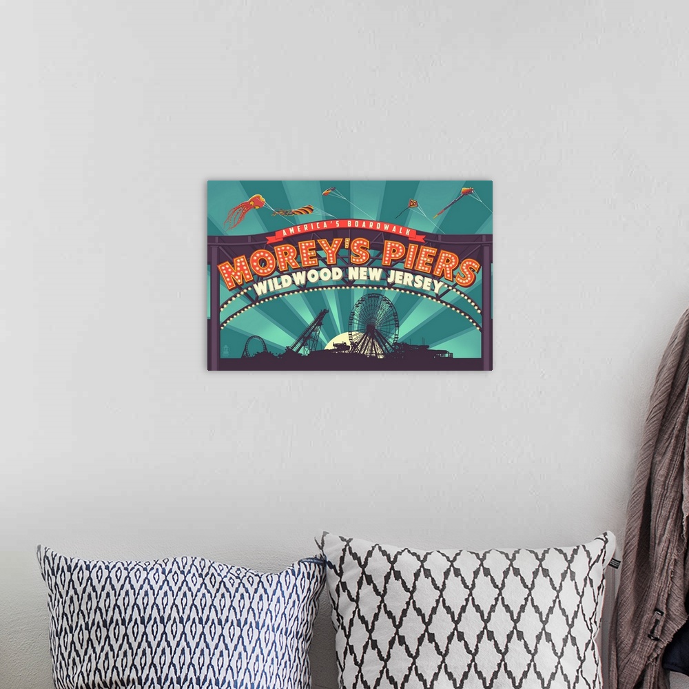 A bohemian room featuring Wildwood, New Jersey - Morey's Pier Marquee: Retro Travel Poster
