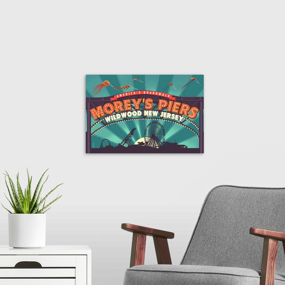 A modern room featuring Wildwood, New Jersey - Morey's Pier Marquee: Retro Travel Poster