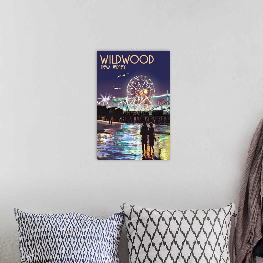 A bohemian room featuring Wildwood, New Jersey - Pier and Rides at Night: Retro Travel Poster