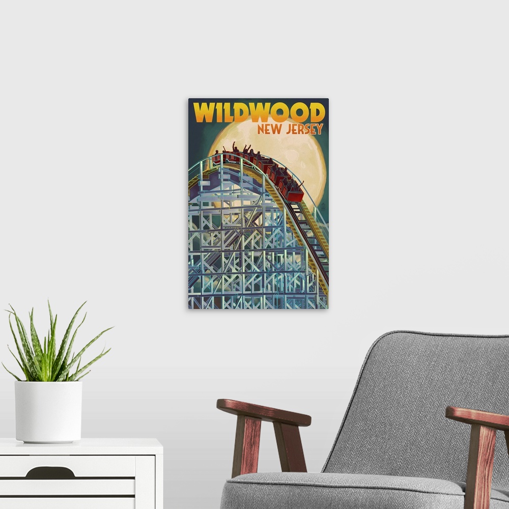 A modern room featuring Wildwood, New Jersey - Roller Coaster and Moon: Retro Travel Poster