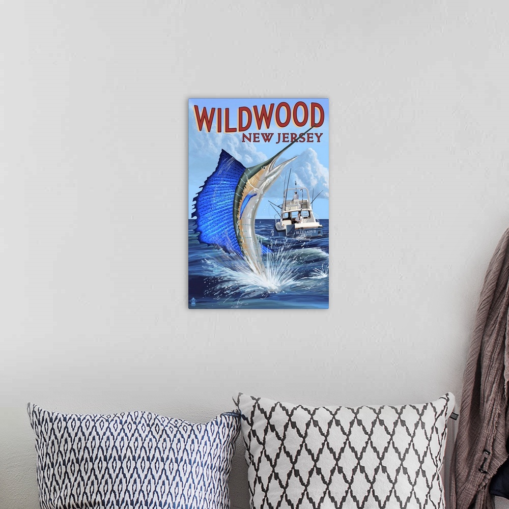 A bohemian room featuring Wildwood, New Jersey - Sailfish Fishing Scene: Retro Travel Poster