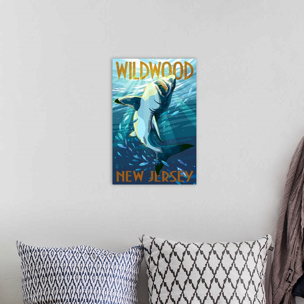 A bohemian room featuring Wildwood, New Jersey - Stylized Shark: Retro Travel Poster