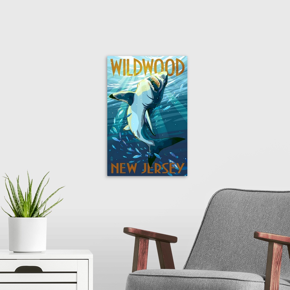 A modern room featuring Wildwood, New Jersey - Stylized Shark: Retro Travel Poster