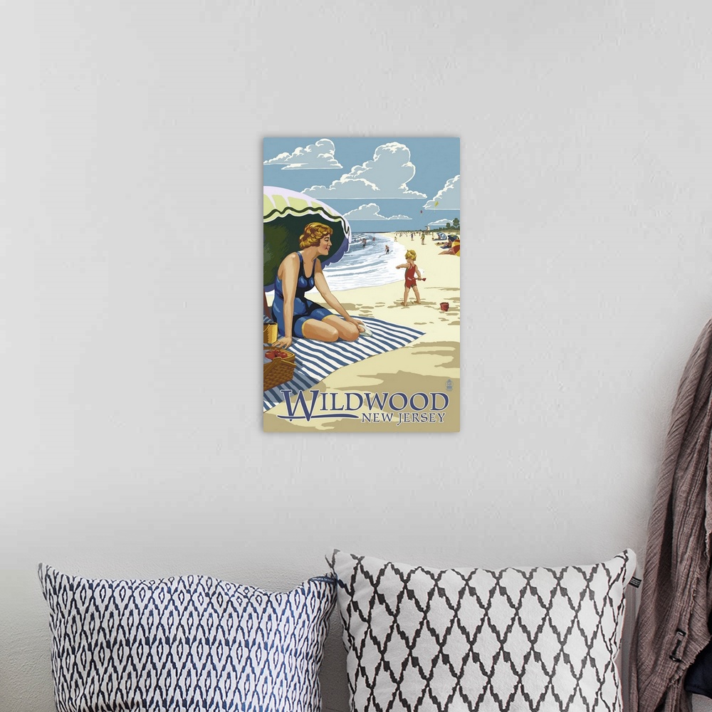 A bohemian room featuring Wildwood, New Jersey - Woman on the Beach: Retro Travel Poster