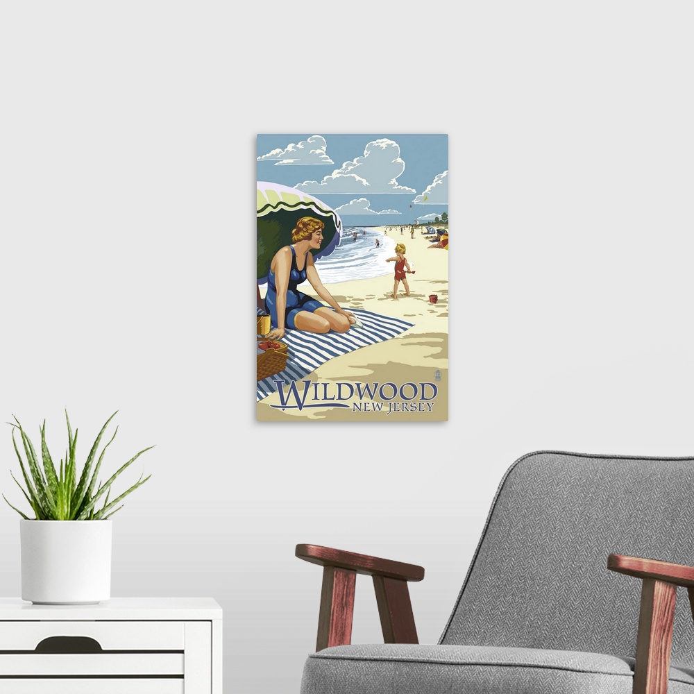 A modern room featuring Wildwood, New Jersey - Woman on the Beach: Retro Travel Poster
