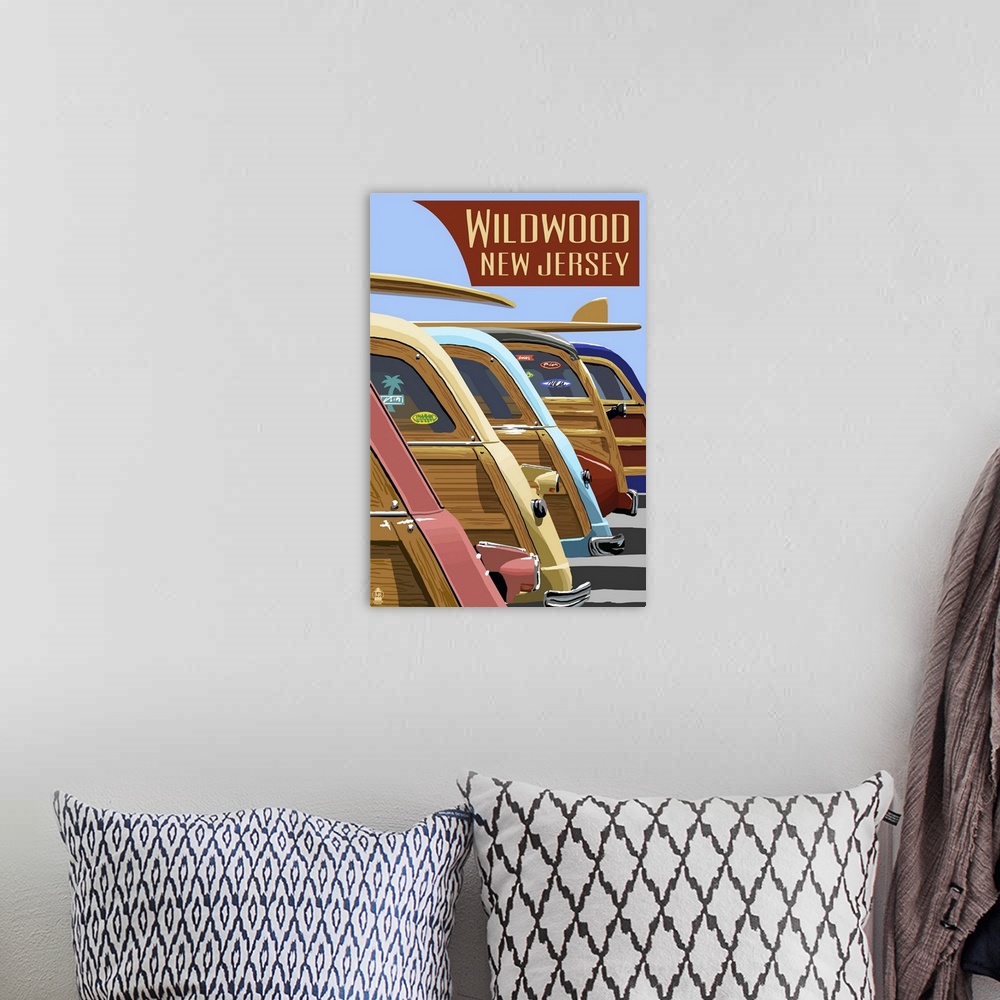 A bohemian room featuring Wildwood, New Jersey - Woodies Lined Up: Retro Travel Poster
