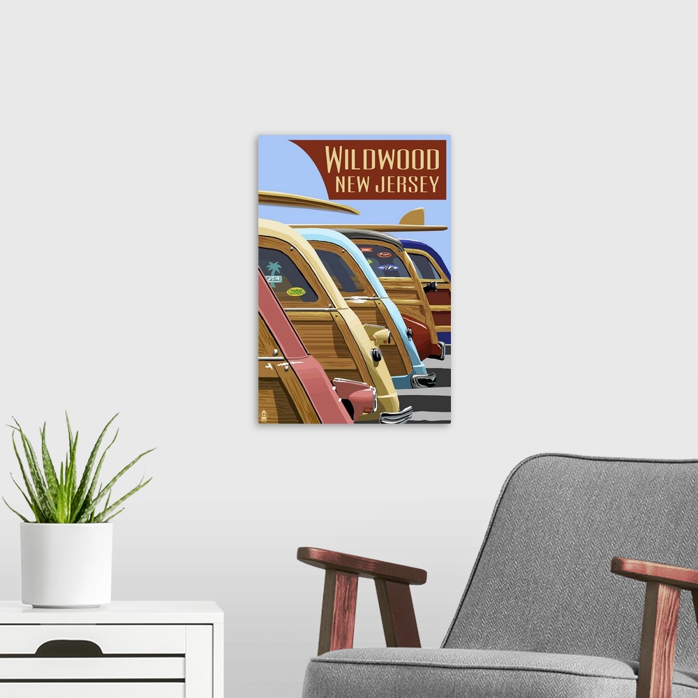 A modern room featuring Wildwood, New Jersey - Woodies Lined Up: Retro Travel Poster