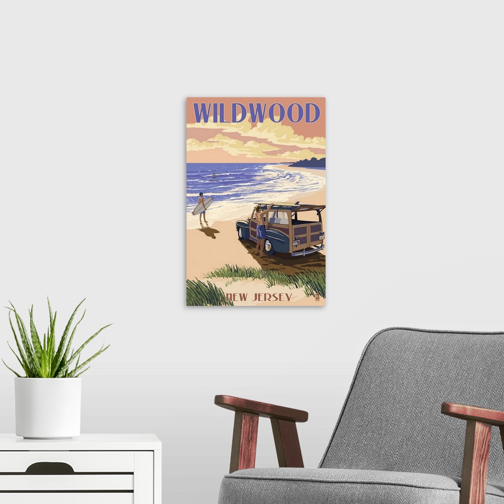 A modern room featuring Wildwood, New Jersey - Woody On The Beach: Retro Travel Poster