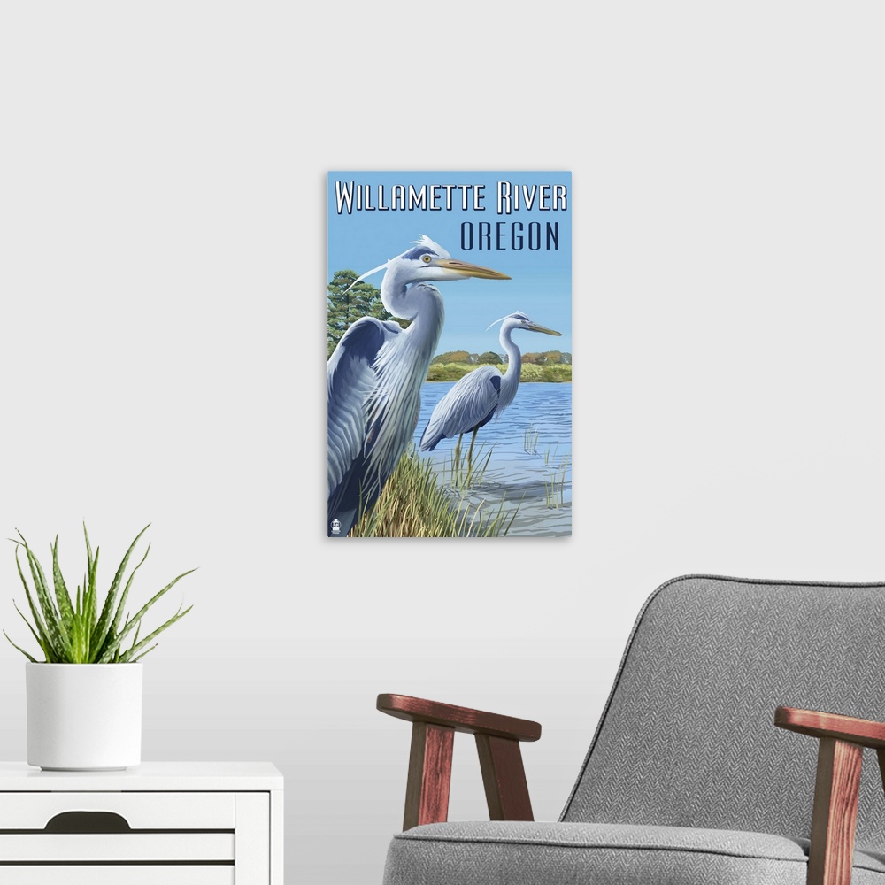 A modern room featuring Willamette River, Oregon - Heron Scene: Retro Travel Poster