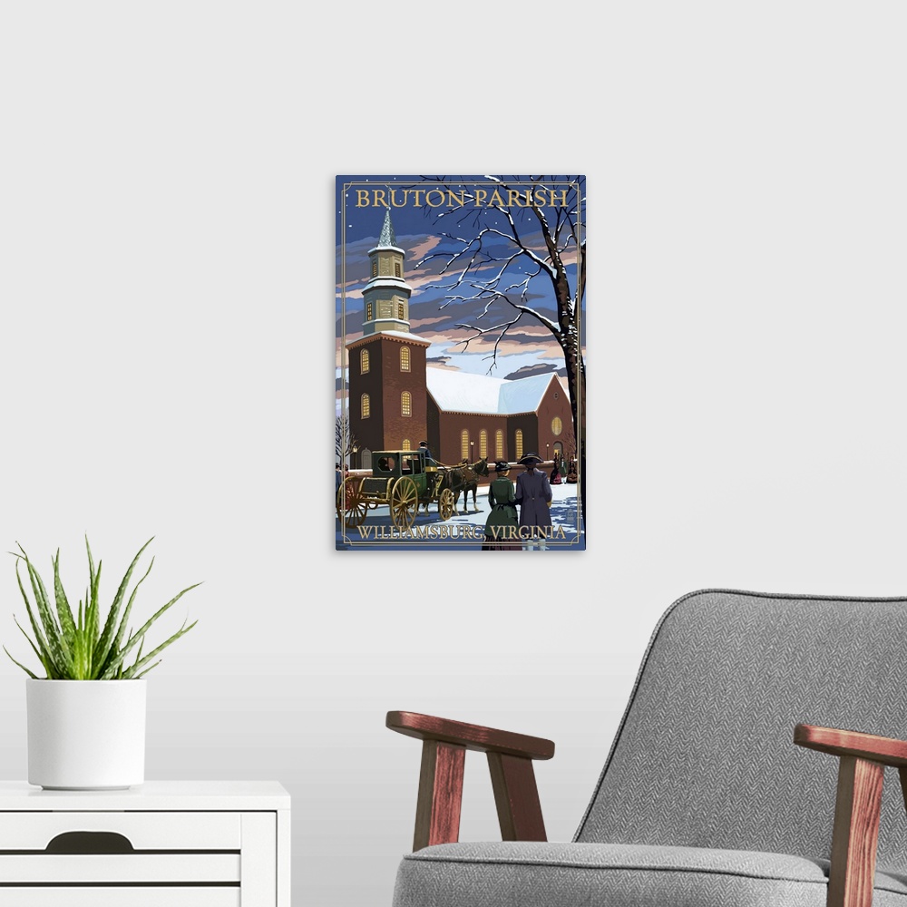 A modern room featuring Retro stylized art poster of a historic church with a horse drawn carriage in front.