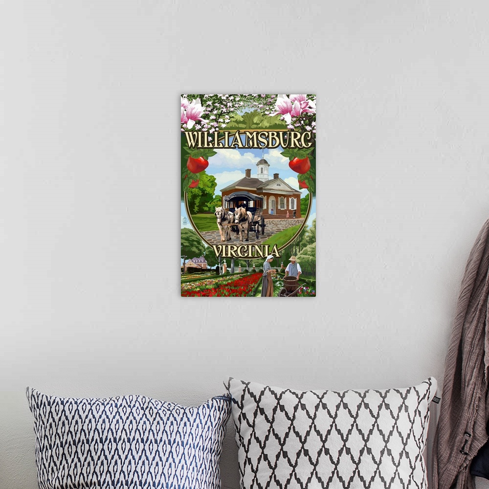 A bohemian room featuring Retro stylized art poster of montage of scenes of a historic town, with a horse drawn carriage in...