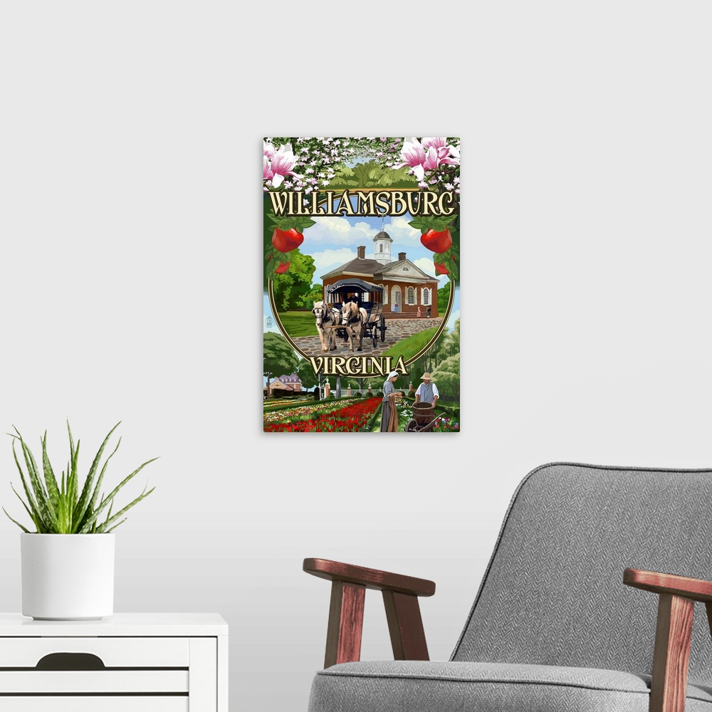 A modern room featuring Retro stylized art poster of montage of scenes of a historic town, with a horse drawn carriage in...