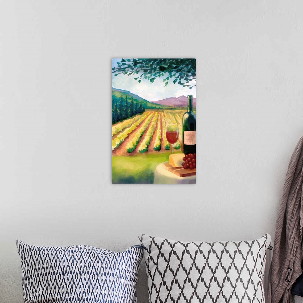 A bohemian room featuring Retro stylized art poster of a glass of red wine in the foreground, and a vineyard in the backgro...