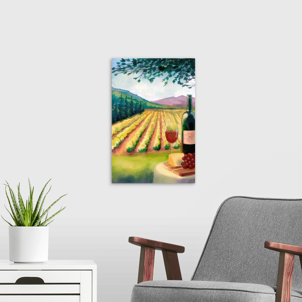 A modern room featuring Retro stylized art poster of a glass of red wine in the foreground, and a vineyard in the backgro...