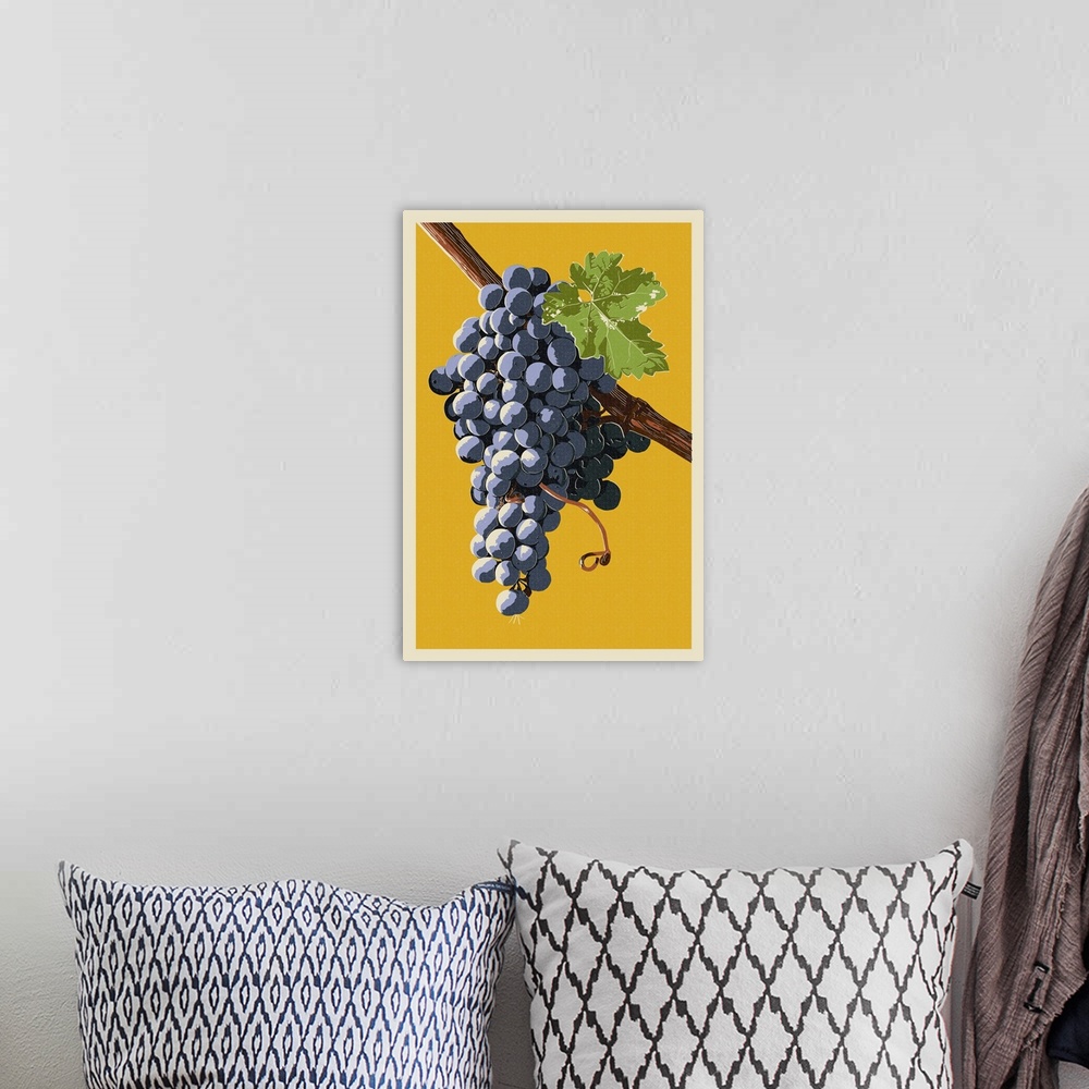 A bohemian room featuring Wine Grapes - Letterpress: Retro Poster Art