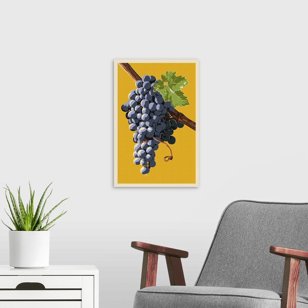A modern room featuring Wine Grapes - Letterpress: Retro Poster Art