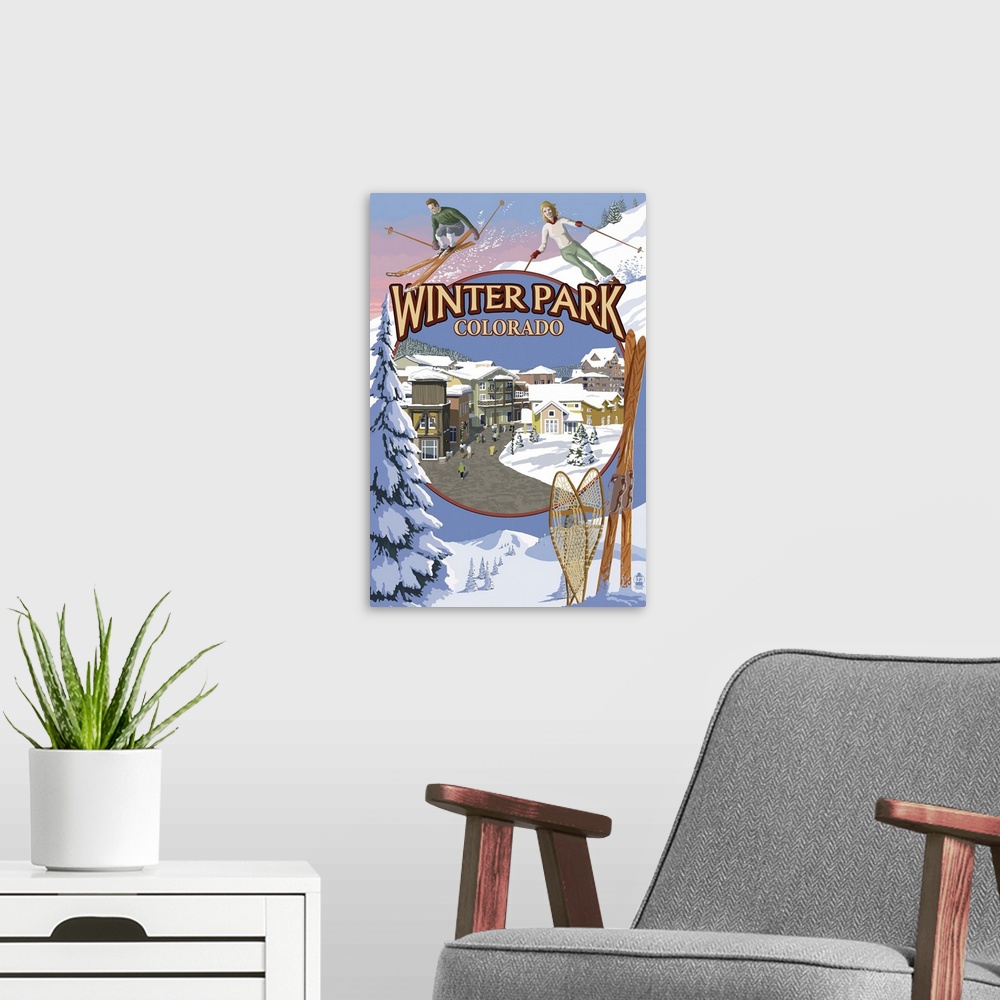 A modern room featuring Winter Park, Colorado Montage: Retro Travel Poster