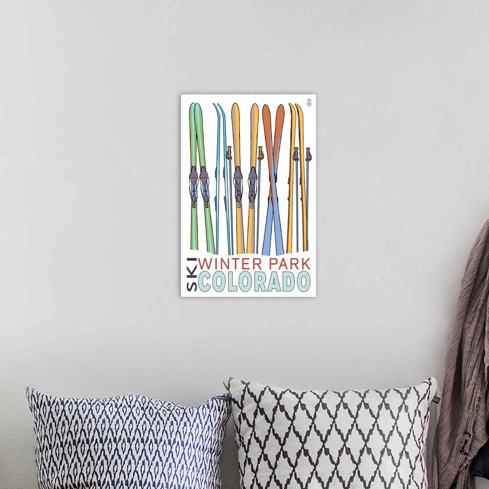 A bohemian room featuring Retro stylized art poster of five pairs of skis standing upright against a white background.