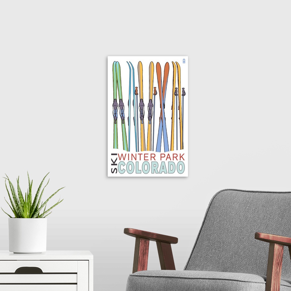 A modern room featuring Retro stylized art poster of five pairs of skis standing upright against a white background.