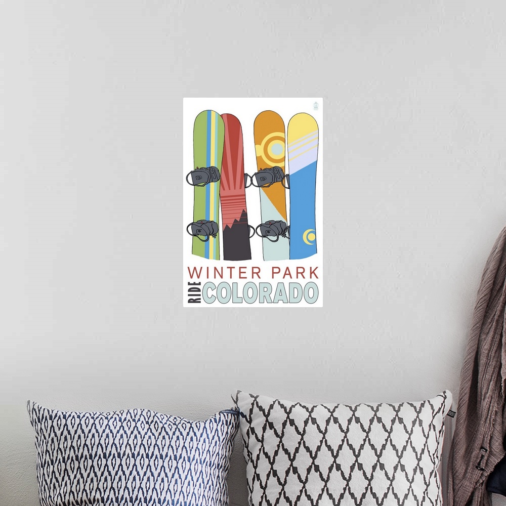 A bohemian room featuring Retro stylized art poster of four snowboards standing upright against a white background.