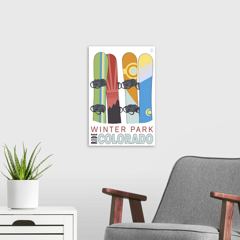 A modern room featuring Retro stylized art poster of four snowboards standing upright against a white background.