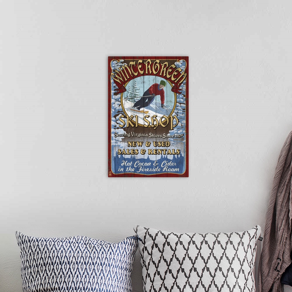 A bohemian room featuring Wintergreen, Virginia - Ski Shop Vintage Sign: Retro Travel Poster