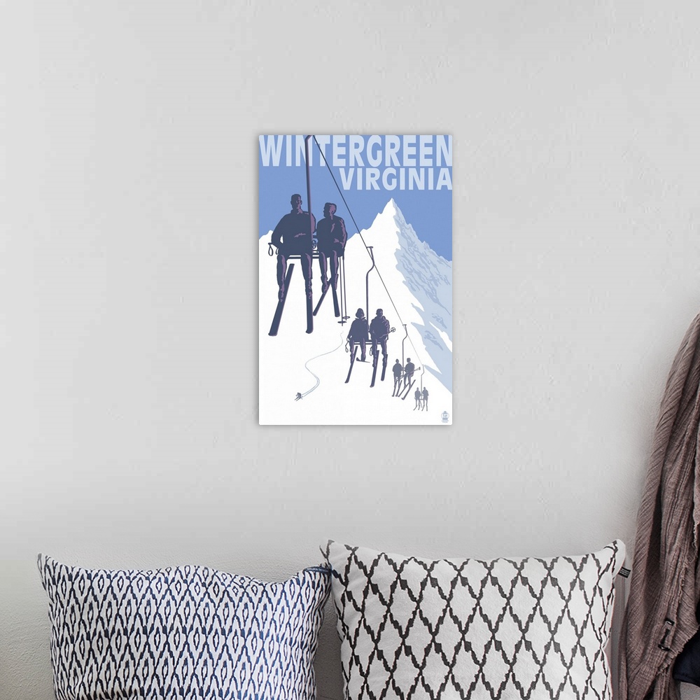 A bohemian room featuring Wintergreen, Virginia - Skiers on Lift: Retro Travel Poster