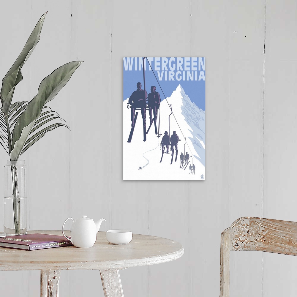 A farmhouse room featuring Wintergreen, Virginia - Skiers on Lift: Retro Travel Poster