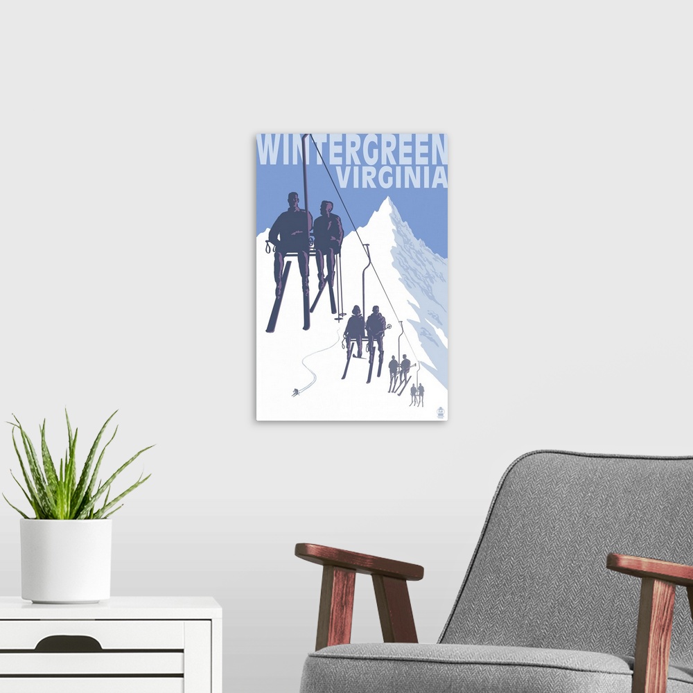 A modern room featuring Wintergreen, Virginia - Skiers on Lift: Retro Travel Poster