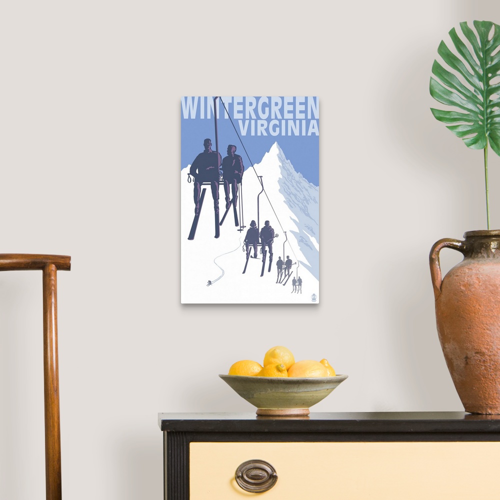 A traditional room featuring Wintergreen, Virginia - Skiers on Lift: Retro Travel Poster