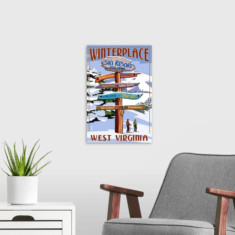 A modern room featuring Winterplace, West Virginia - Destination Signpost- : Retro Travel Poster