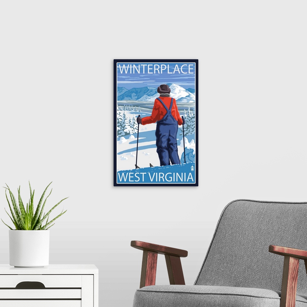 A modern room featuring Winterplace, West Virginia - Skier Admiring View: Retro Travel Poster