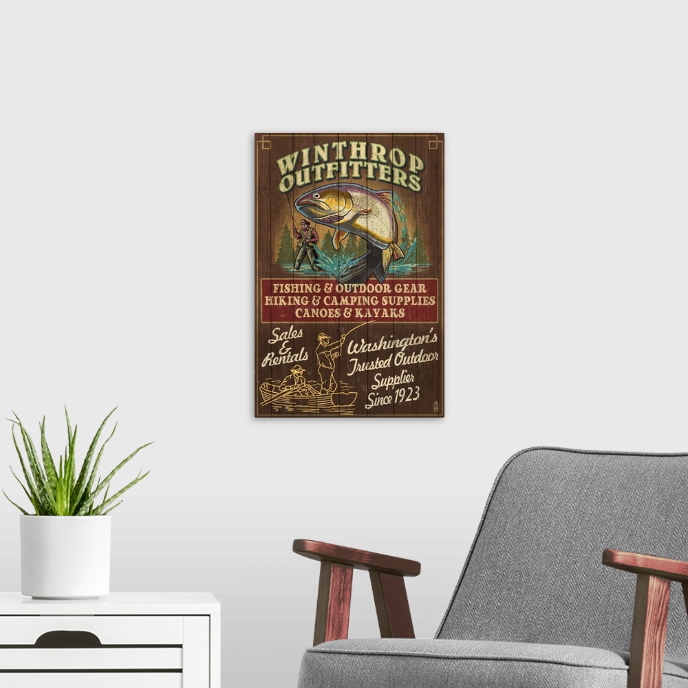 A modern room featuring Retro stylized art poster of a vintage of fisherman catching a fish.