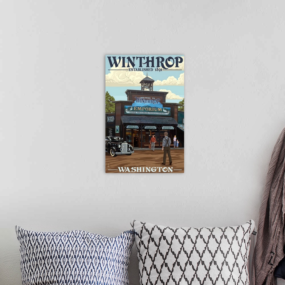 A bohemian room featuring Retro stylized art poster of a vintage car sitting outside an old building.