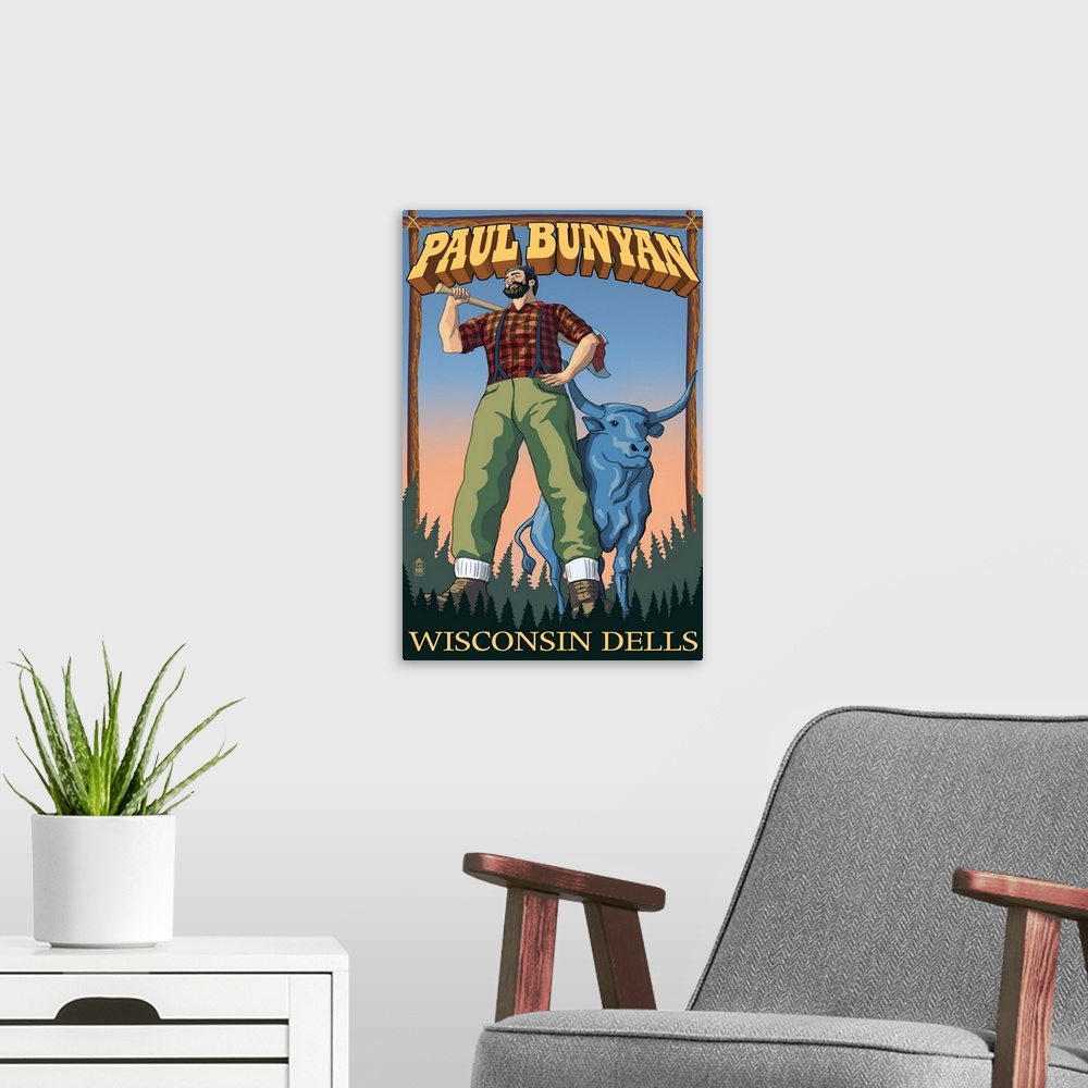 A modern room featuring Wisconsin Dells, WI - Paul Bunyan: Retro Travel Poster