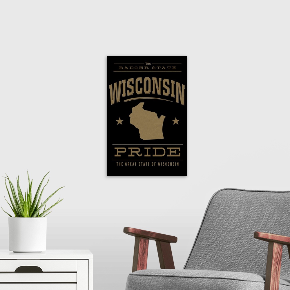 A modern room featuring The Wisconsin state outline on black with gold text.