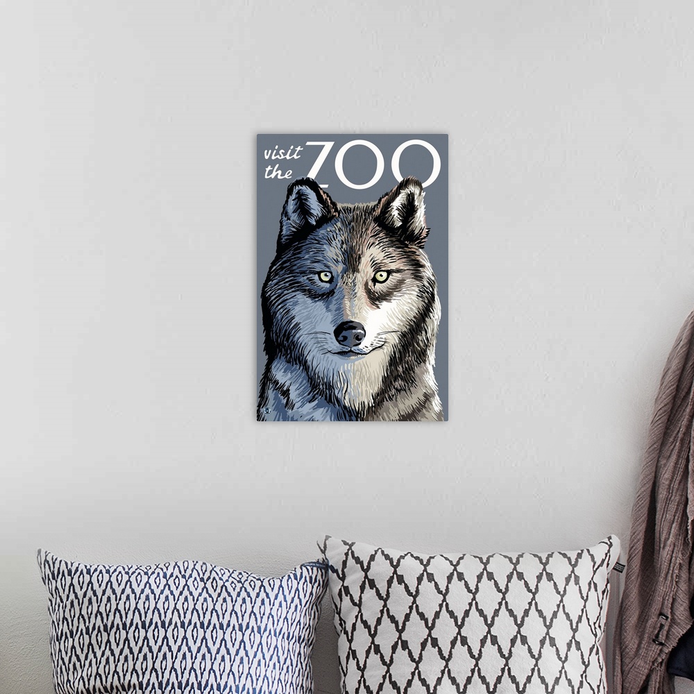 A bohemian room featuring Wolf Up Close - Visit the Zoo: Retro Travel Poster