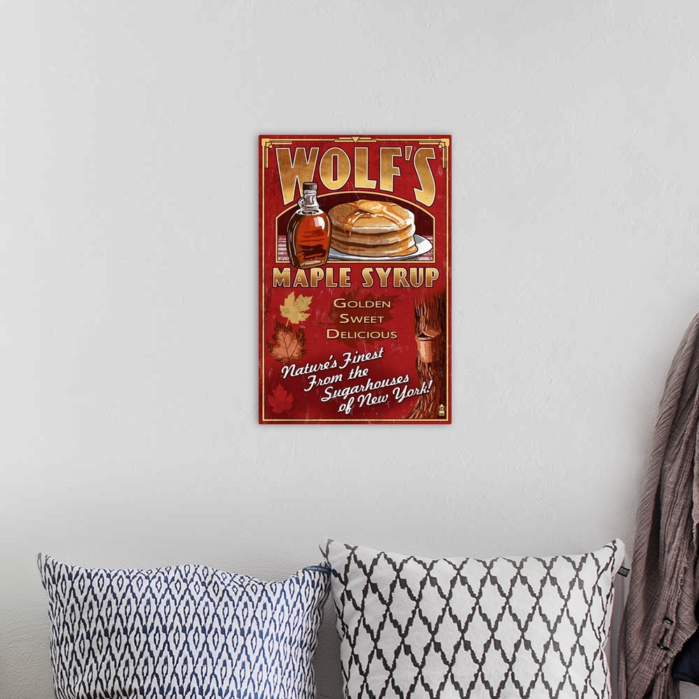 A bohemian room featuring Retro stylized art poster of a vintage sign of maple syrup and a stack of pancakes.