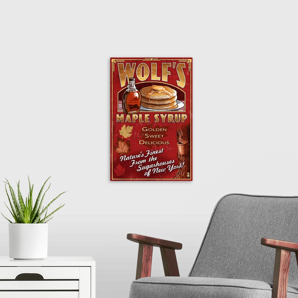 A modern room featuring Retro stylized art poster of a vintage sign of maple syrup and a stack of pancakes.