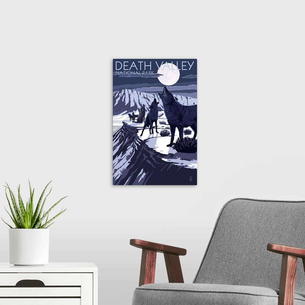 A modern room featuring Wolves and Full Moon - Death Valley National Park: Retro Travel Poster