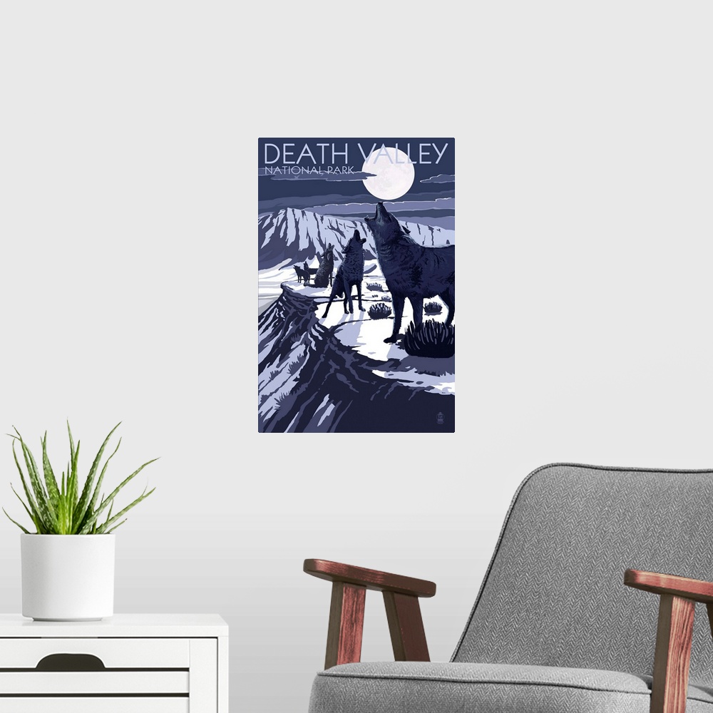 A modern room featuring Wolves and Full Moon - Death Valley National Park: Retro Travel Poster