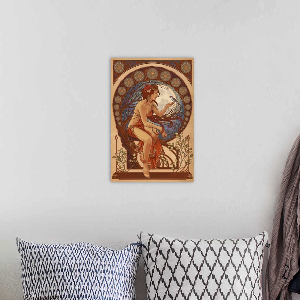 A bohemian room featuring Woman and Bird - Art Nouveau: Retro Art Poster