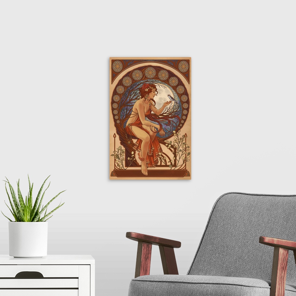 A modern room featuring Woman and Bird - Art Nouveau: Retro Art Poster