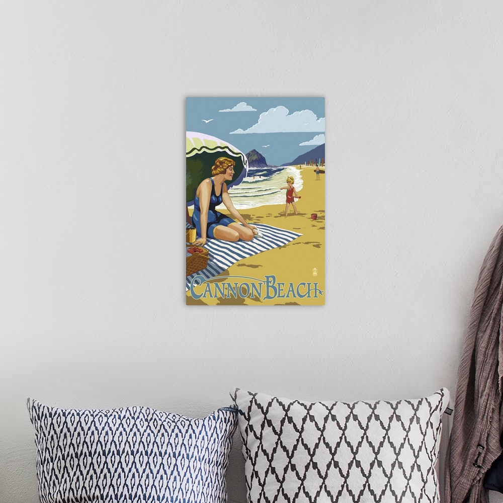 A bohemian room featuring Woman at Cannon Beach, Oregon: Retro Travel Poster