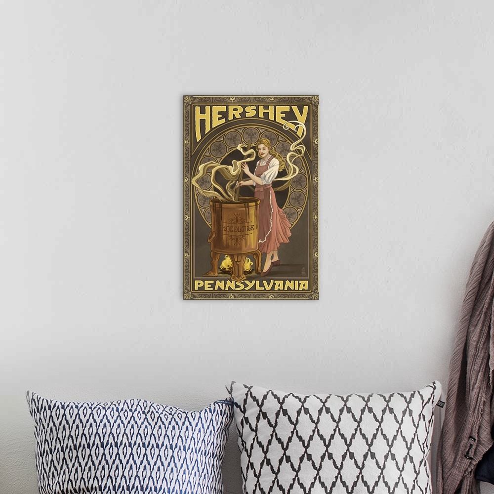 A bohemian room featuring Woman making Chocolate - Hershey, Pennsylvania: Retro Travel Poster