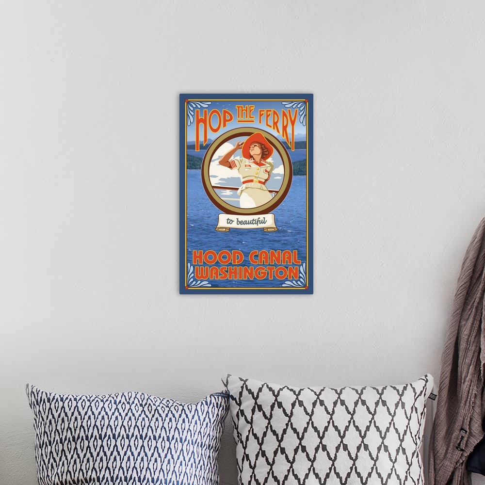 A bohemian room featuring Woman Riding Ferry - Hood Canal, Washington: Retro Travel Poster