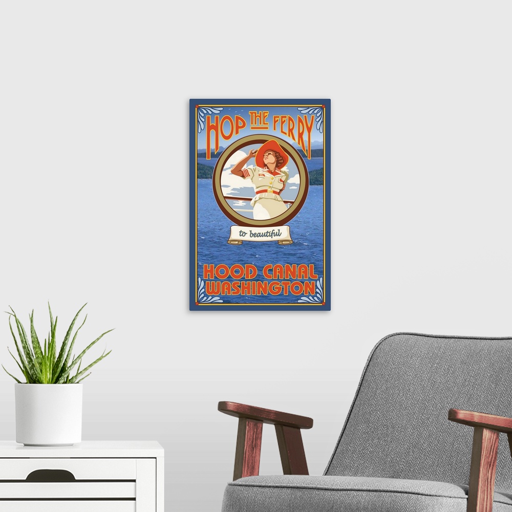 A modern room featuring Woman Riding Ferry - Hood Canal, Washington: Retro Travel Poster