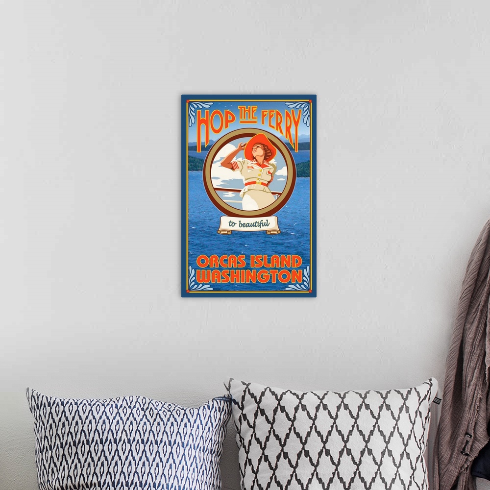 A bohemian room featuring Woman Riding Ferry - Orcas Island, Washington: Retro Travel Poster
